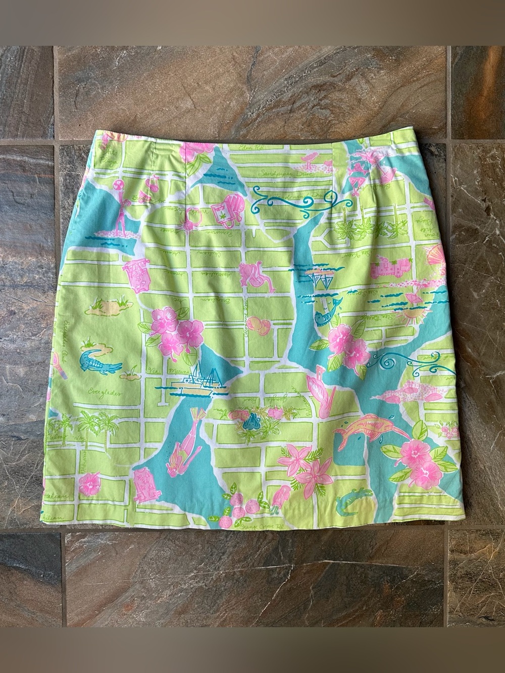 Lilly Pulitzer Palm Beach Map Print Cotton A-Line Skirt Green Pink Size 8